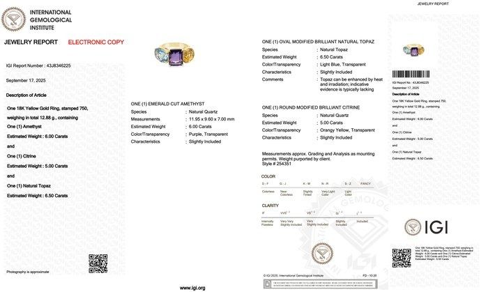 Mesmerizing 17.50ct Amethyst, Topaz, and Citrine 3-Stone Ring in 18k Yellow Gold - IGI Certified