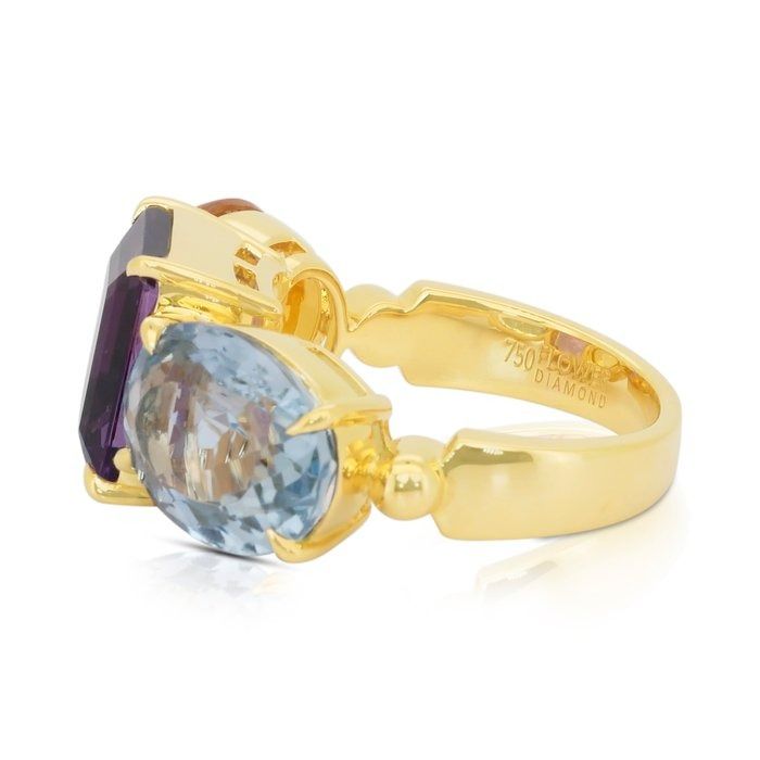 Mesmerizing 17.50ct Amethyst, Topaz, and Citrine 3-Stone Ring in 18k Yellow Gold - IGI Certified