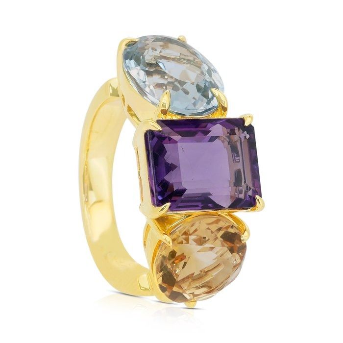 Mesmerizing 17.50ct Amethyst, Topaz, and Citrine 3-Stone Ring in 18k Yellow Gold - IGI Certified