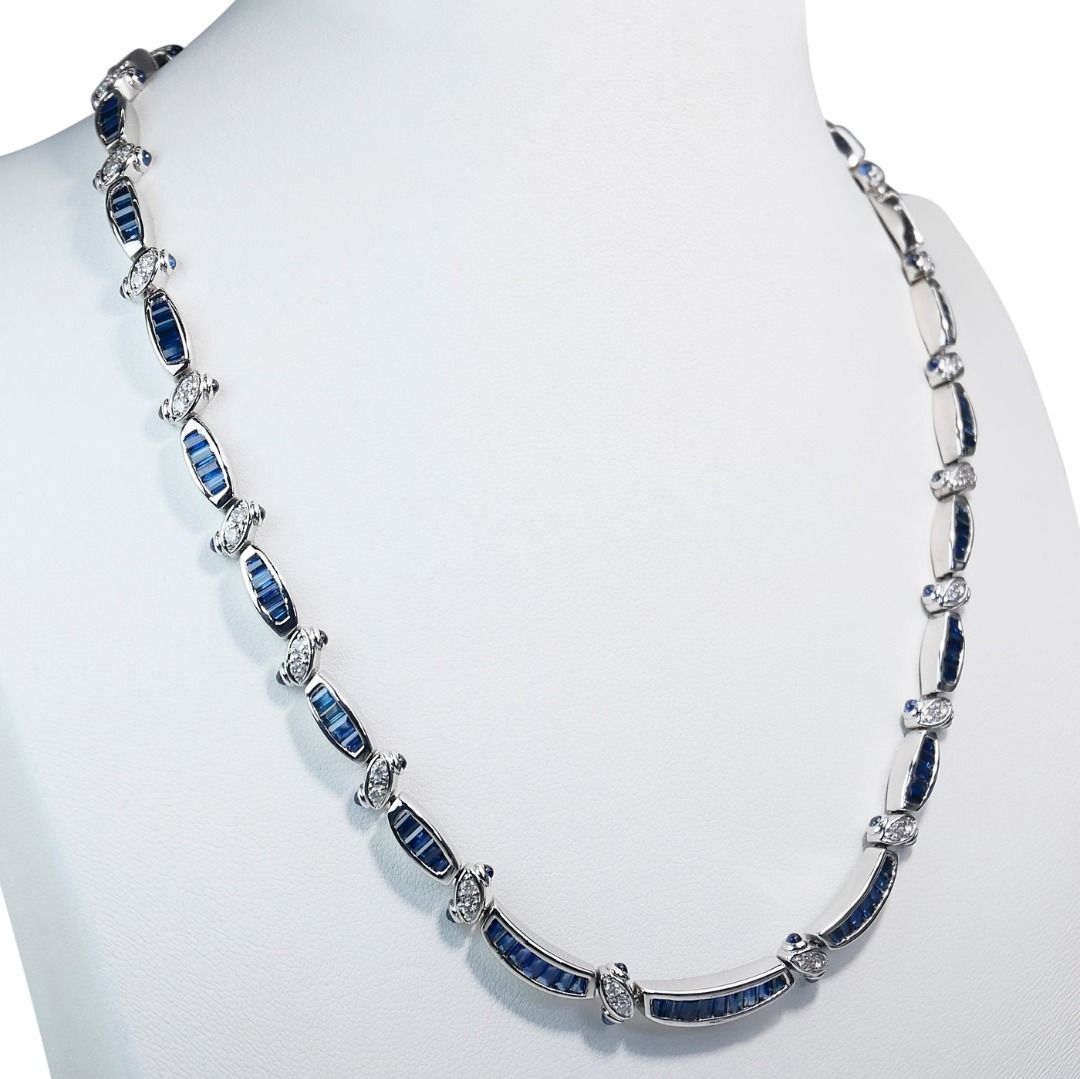 Mesmerizing 6 carat and 71 points Sapphires and Natural Diamond Necklace in 18k White Gold - IGI Certified