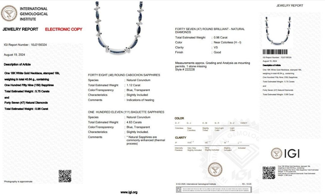 Mesmerizing 6 carat and 71 points Sapphires and Natural Diamond Necklace in 18k White Gold - IGI Certified