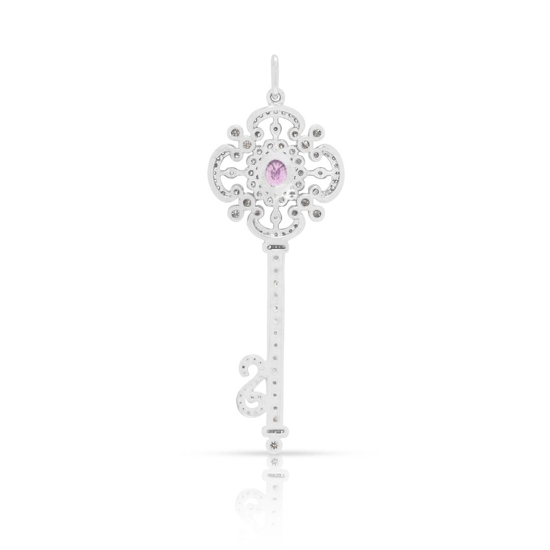Meyson 1.33ct Pink Sapphire and Diamond Ornate Key Pendant in 9K White Gold
