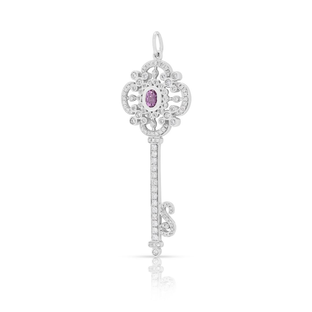 Meyson 1.33ct Pink Sapphire and Diamond Ornate Key Pendant in 9K White Gold