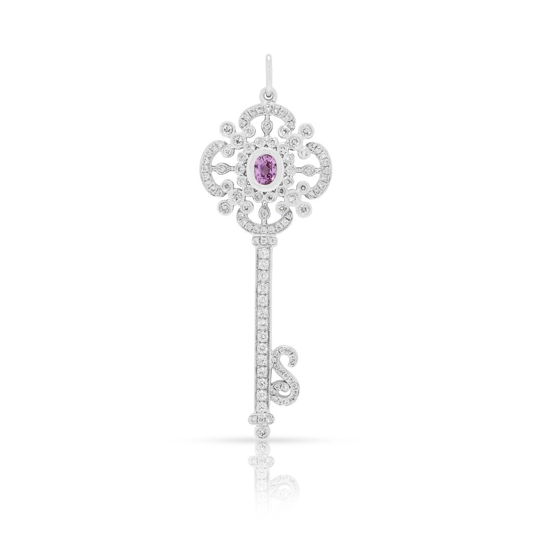 Meyson 1.33ct Pink Sapphire and Diamond Ornate Key Pendant in 9K White Gold