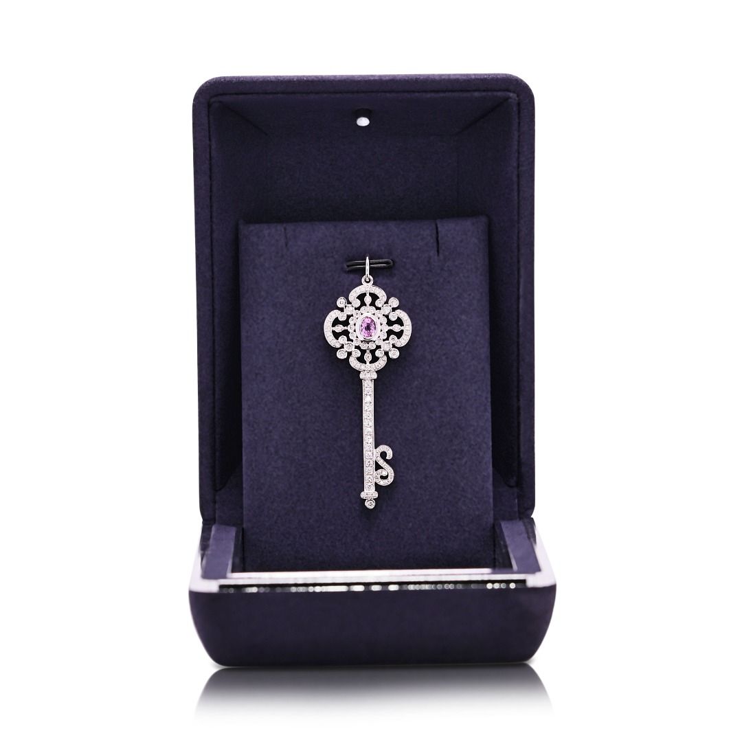 Meyson 1.33ct Pink Sapphire and Diamond Ornate Key Pendant in 9K White Gold