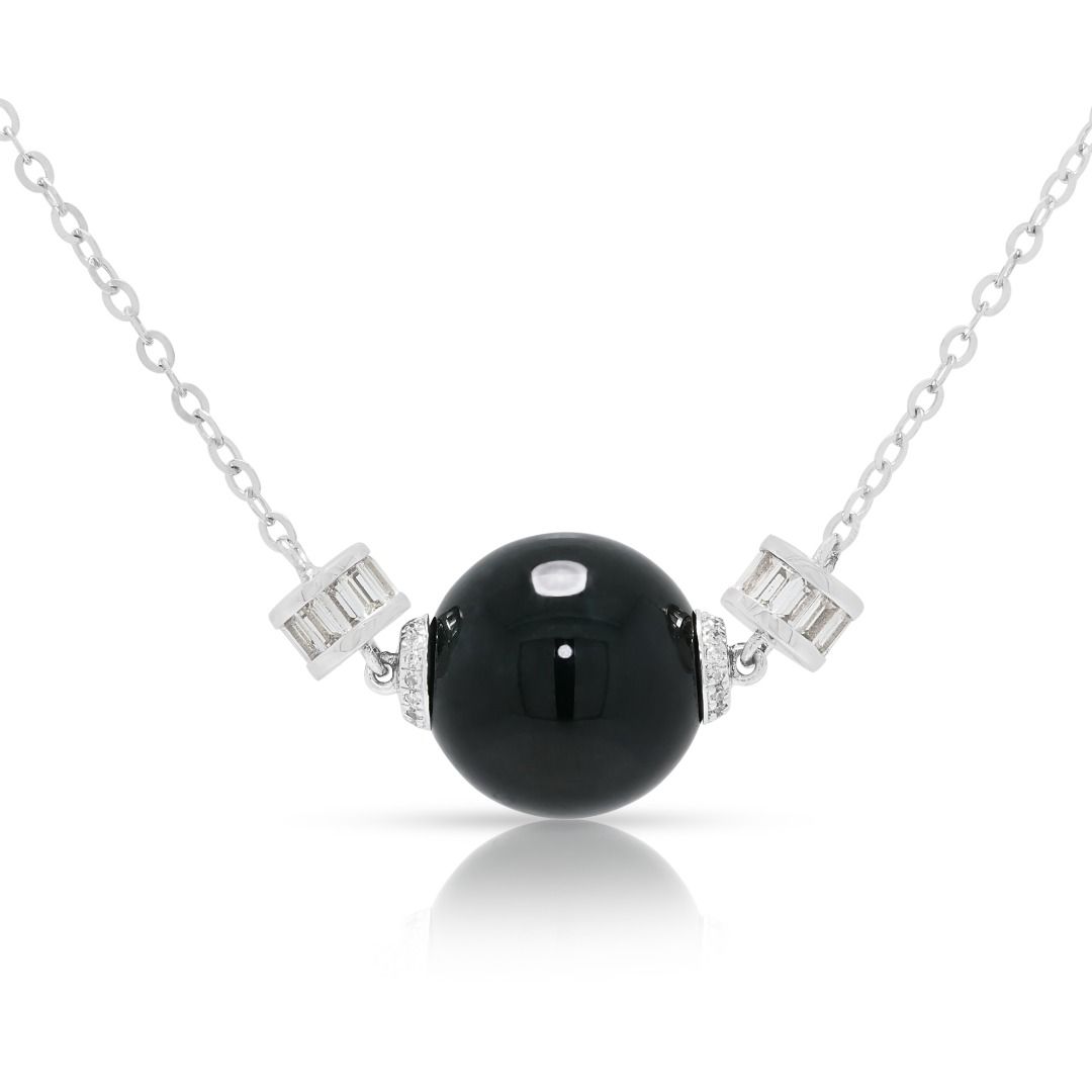 Moderne 11mm Onyx-Perlenkette mit 0.33ct Diamanten in 18K Weißgold (Neu)