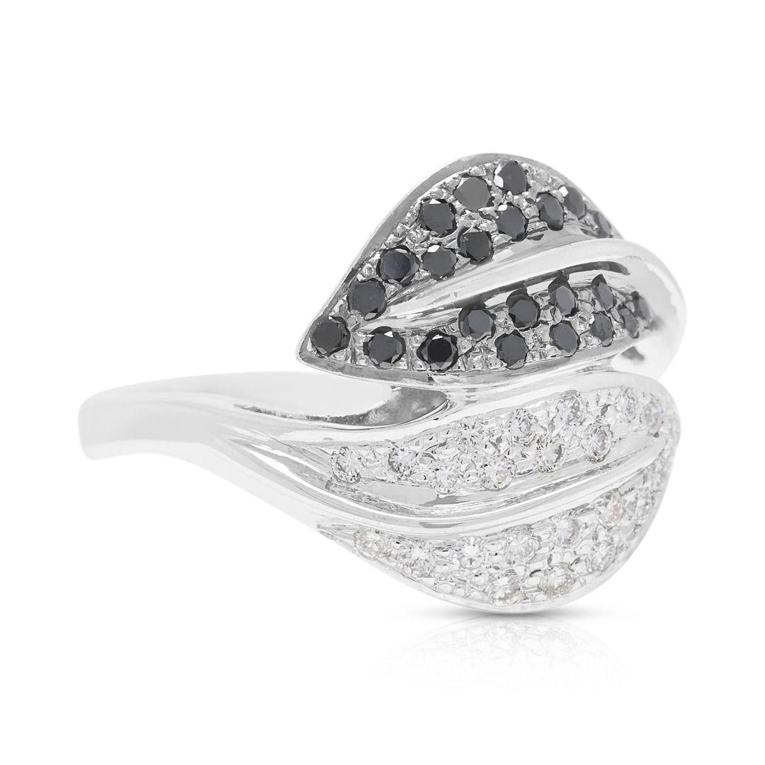 Noir 0.80ct Natural Black and White Diamond Leaf Bypass Ring in 18K White Gold