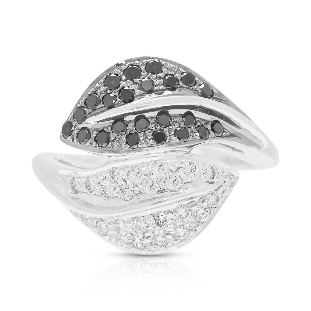 Noir 0.80ct Natural Black and White Diamond Leaf Bypass Ring in 18K White Gold
