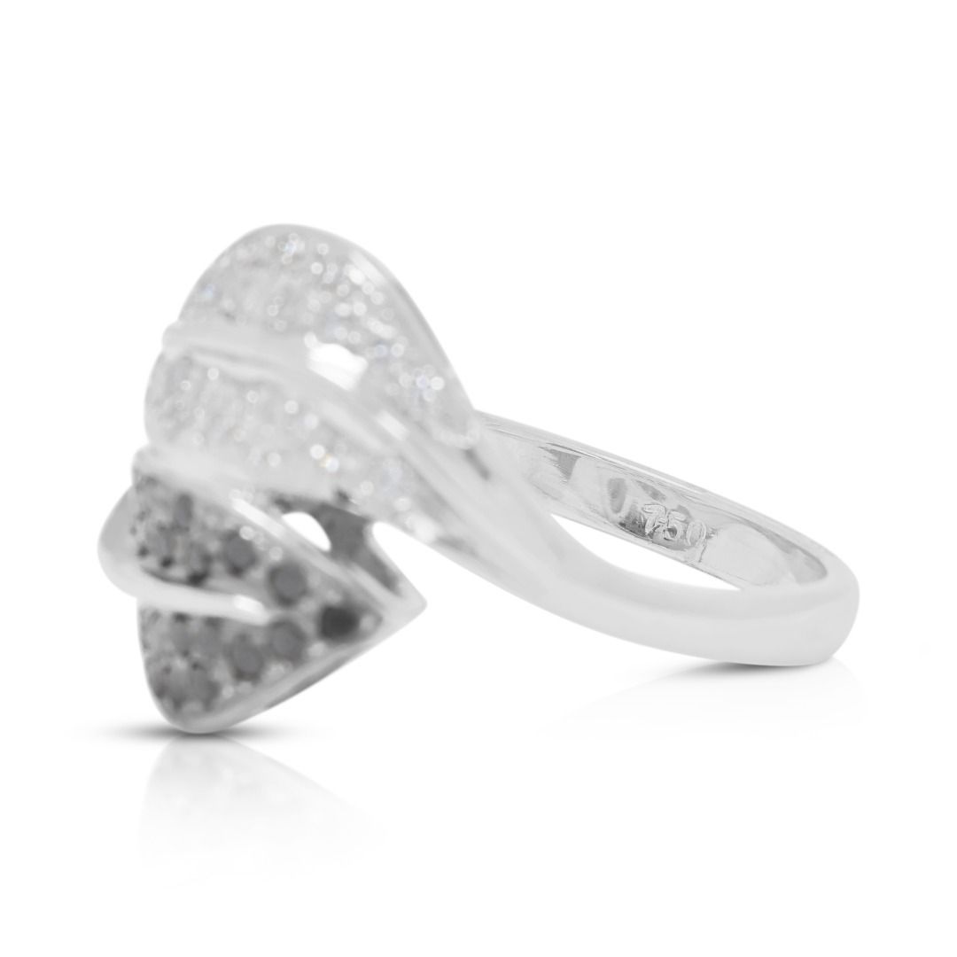Noir 0.80ct Natural Black and White Diamond Leaf Bypass Ring in 18K White Gold