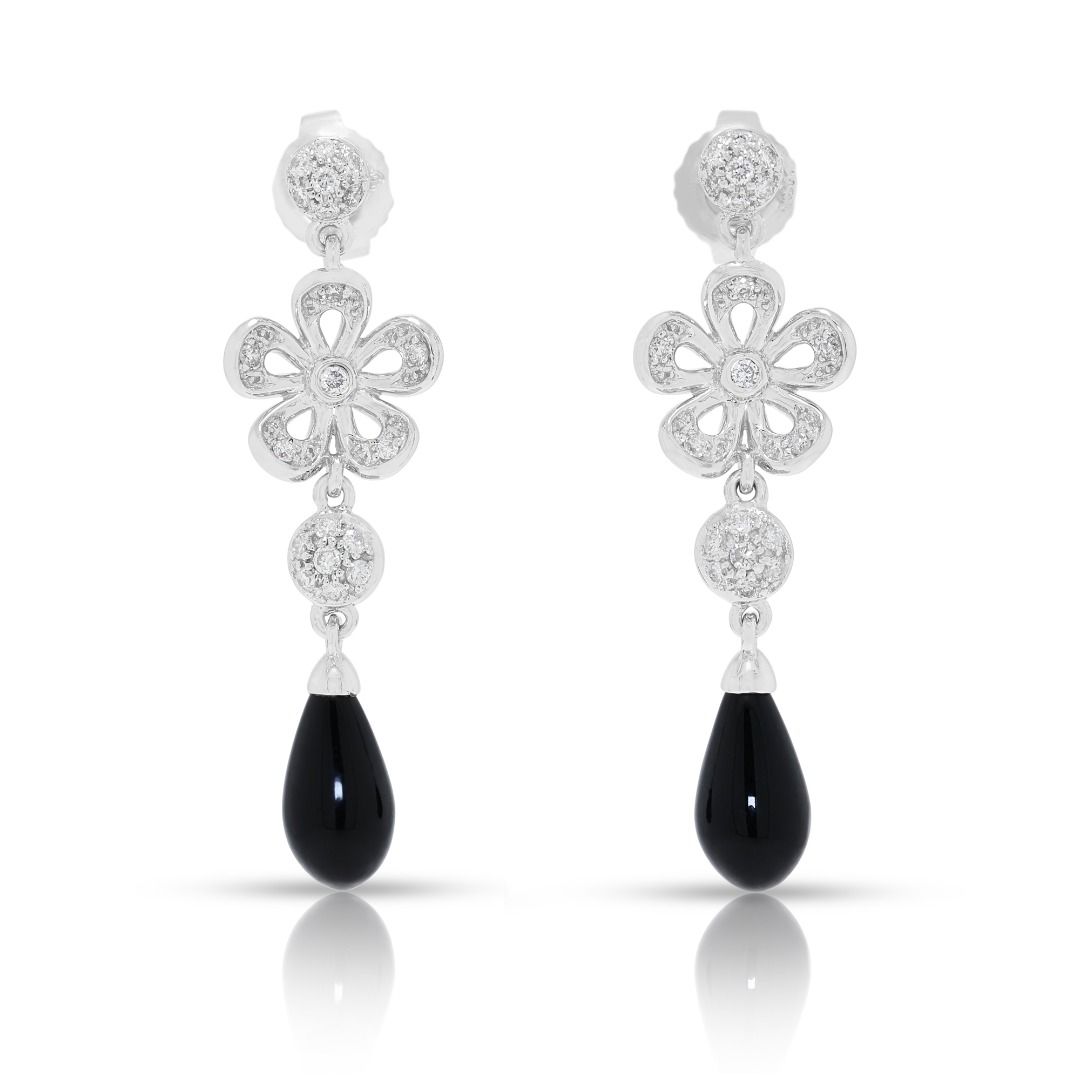 Noir Tropfenohrringe mit 2,36 Karat Naturdiamanten und birnenförmigem Onyx in 18K Weißgold (Neu)