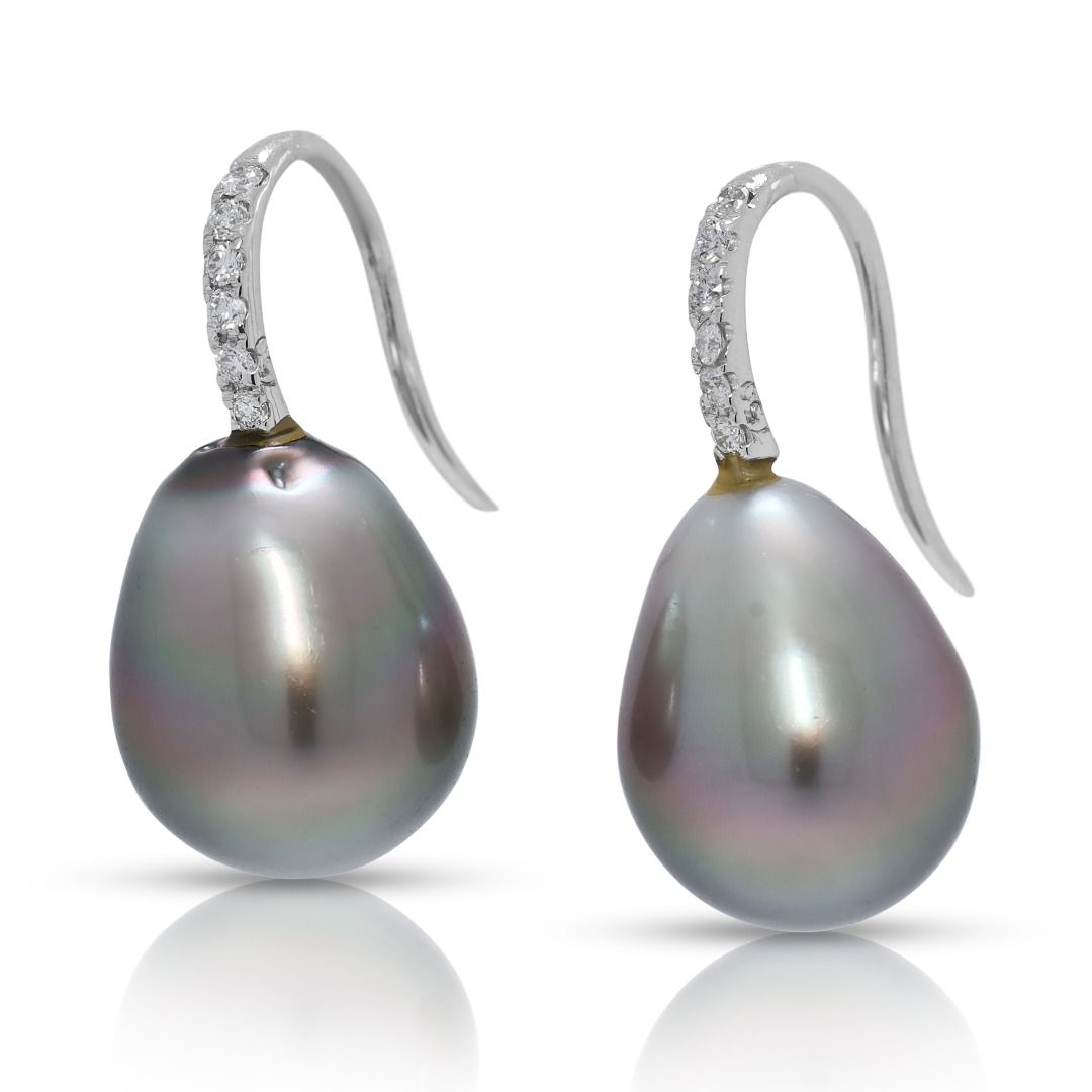 Opulent 0.06ct Natural Diamond & South Sea Pearl 18K White Gold Hook Earrings