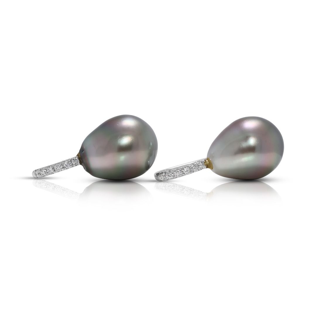 Opulent 0.06ct Natural Diamond & South Sea Pearl 18K White Gold Hook Earrings