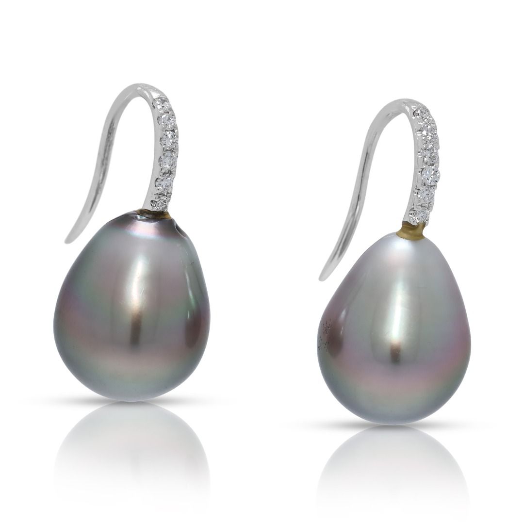 Opulent 0.06ct Natural Diamond & South Sea Pearl 18K White Gold Hook Earrings