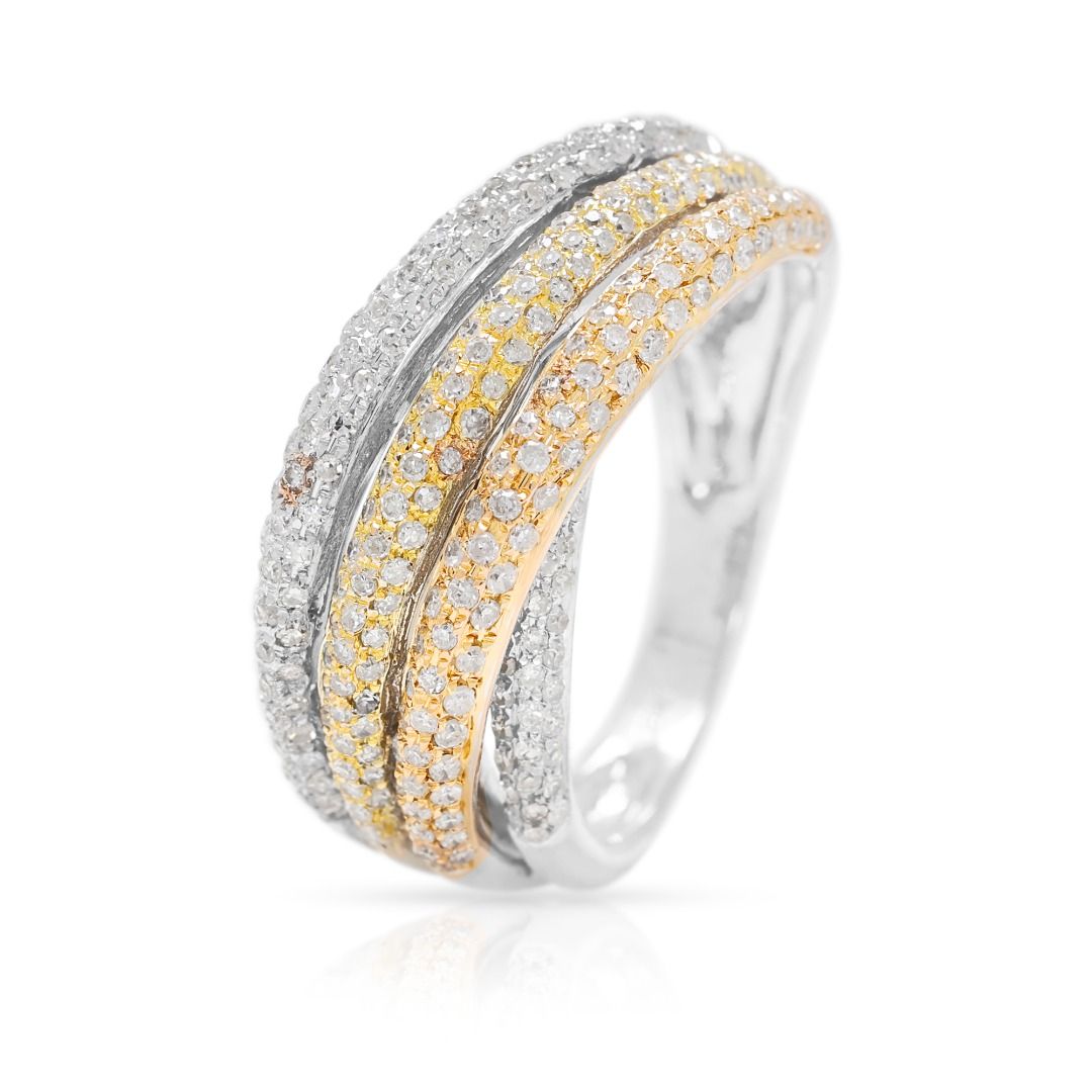 Opulent 1.06ct Natural Diamond Round Brilliant Pave Crossover Ring in 18K Two-Tone Gold