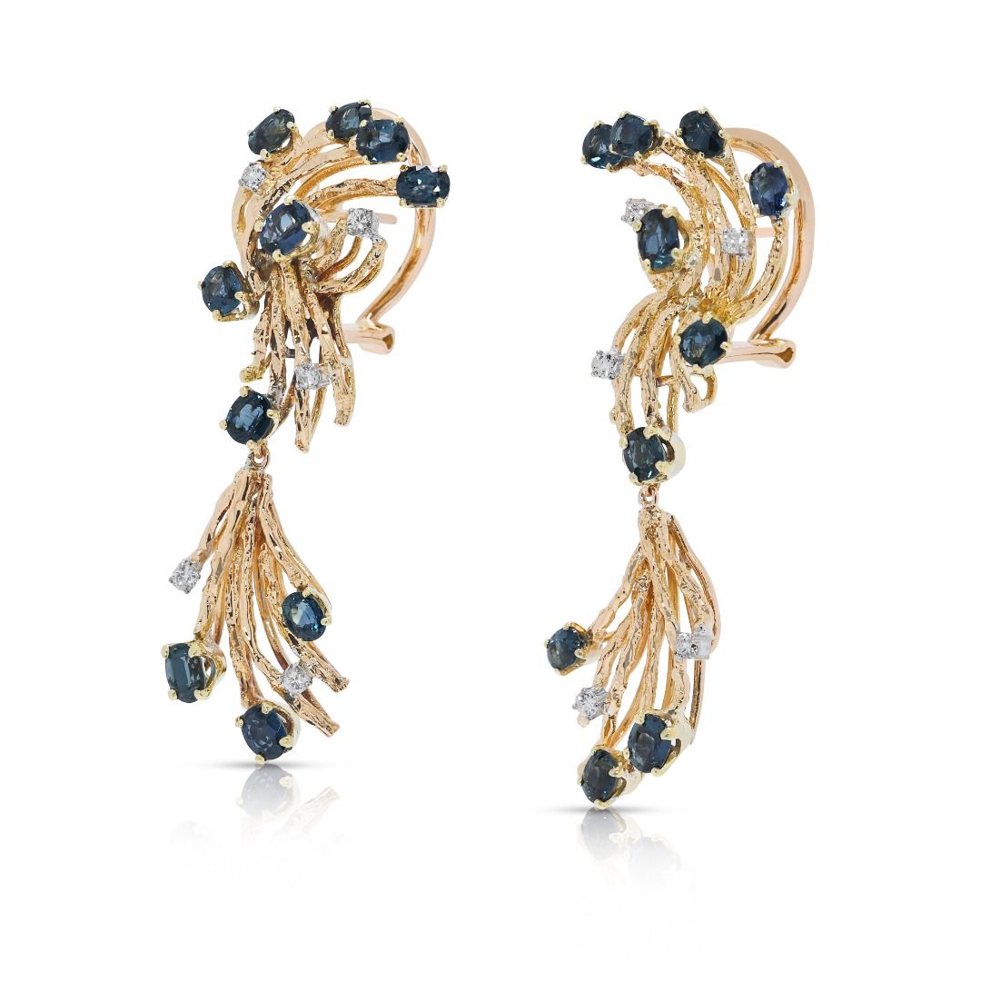 Opulent 3.31ct Sapphire & Natural Diamond 18K Yellow Gold Drop Earrings