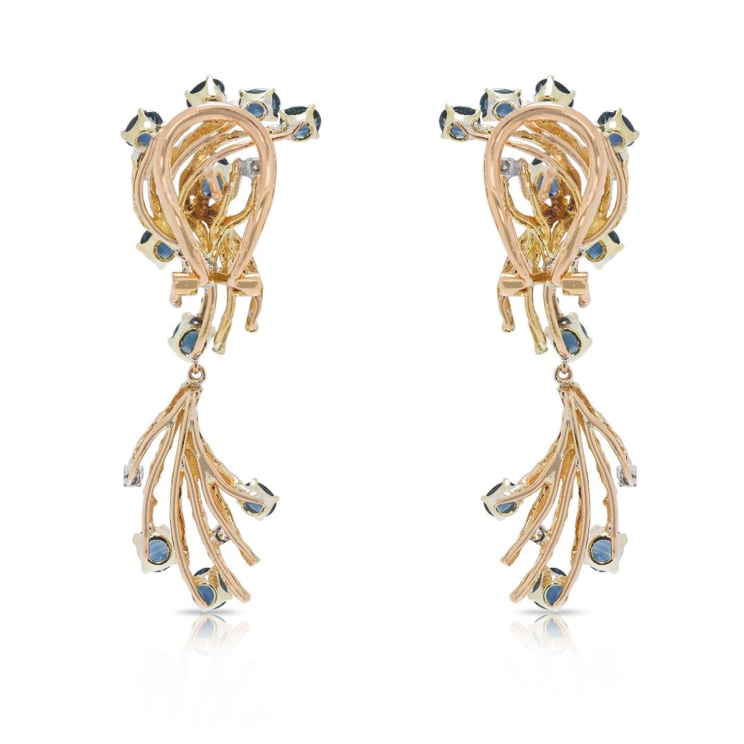 Opulent 3.31ct Sapphire & Natural Diamond 18K Yellow Gold Drop Earrings
