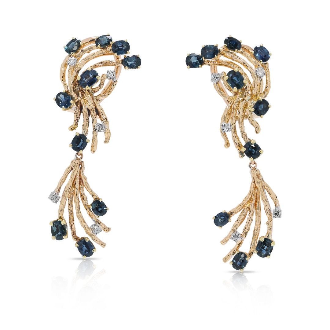 Opulent 3.31ct Sapphire & Natural Diamond 18K Yellow Gold Drop Earrings