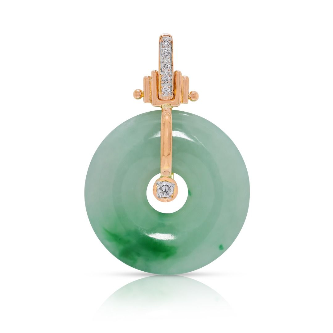 Ornate 0.10ct Natural Diamond and Green Jade Pi Disc Pendant in 20k Yellow Gold