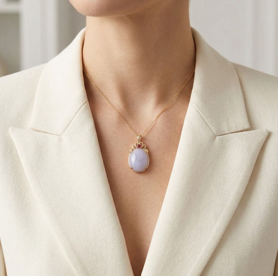 Ornate Lavender & Red Jade Pendant with 0.12ct Diamond Accents in 18K Rose Gold