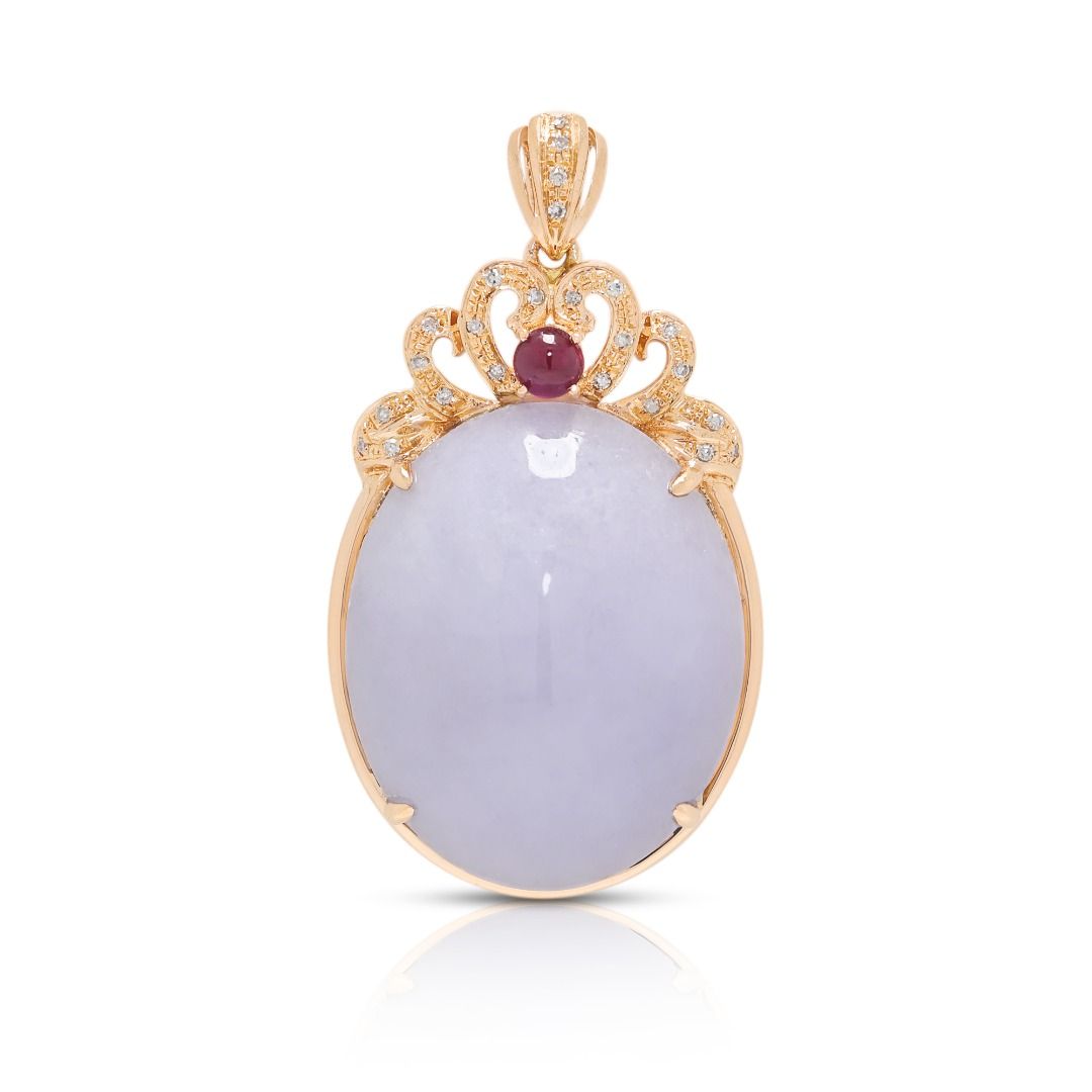 Ornate Lavender & Red Jade Pendant with 0.12ct Diamond Accents in 18K Rose Gold