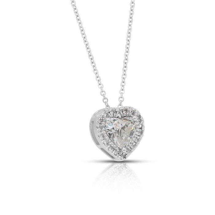 Precious 1.21ct Diamonds Necklace with Halo Heart-Shaped Pendant in 18k White Gold - IGI Certified
