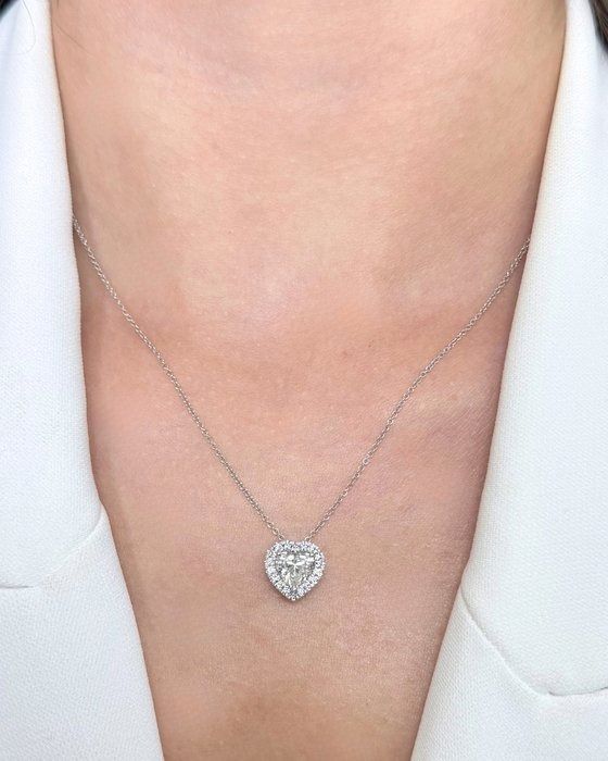 Precious 1.21ct Diamonds Necklace with Halo Heart-Shaped Pendant in 18k White Gold - IGI Certified