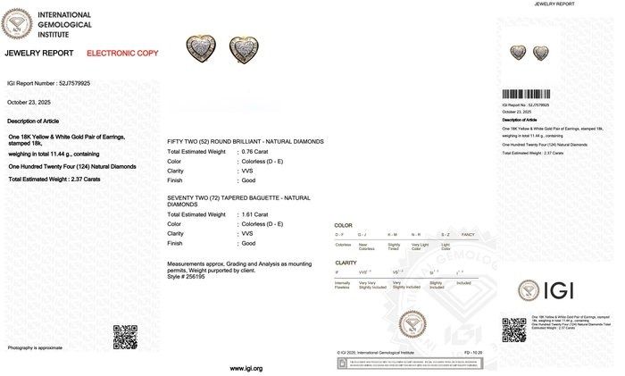 Precious 2.37ct Diamonds Heart-Shaped Earrings in 18k Yellow & White Gold - IGI Certified