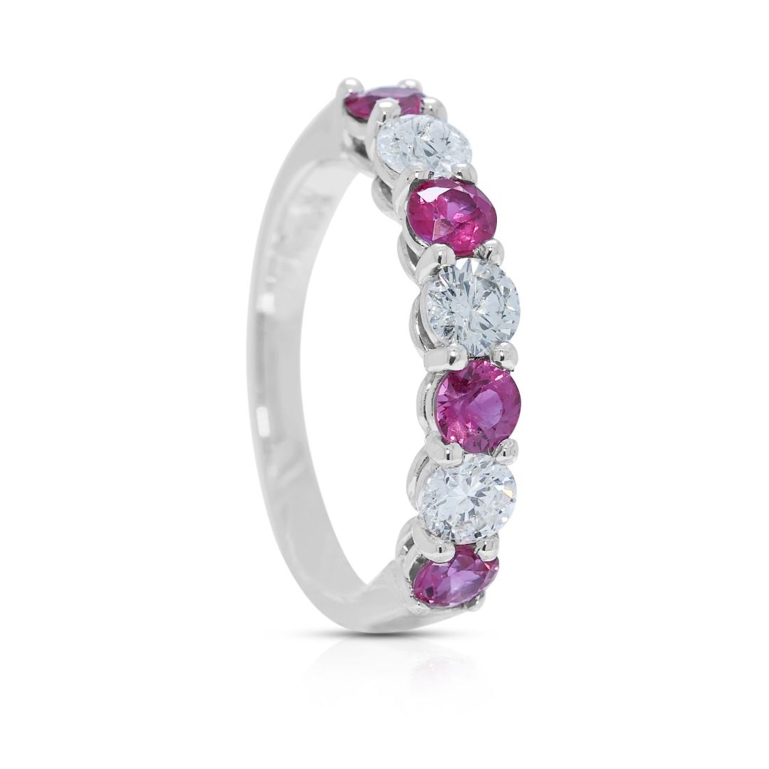 Radiant 0.93ct Ruby & Diamond Band in 18K White Gold
