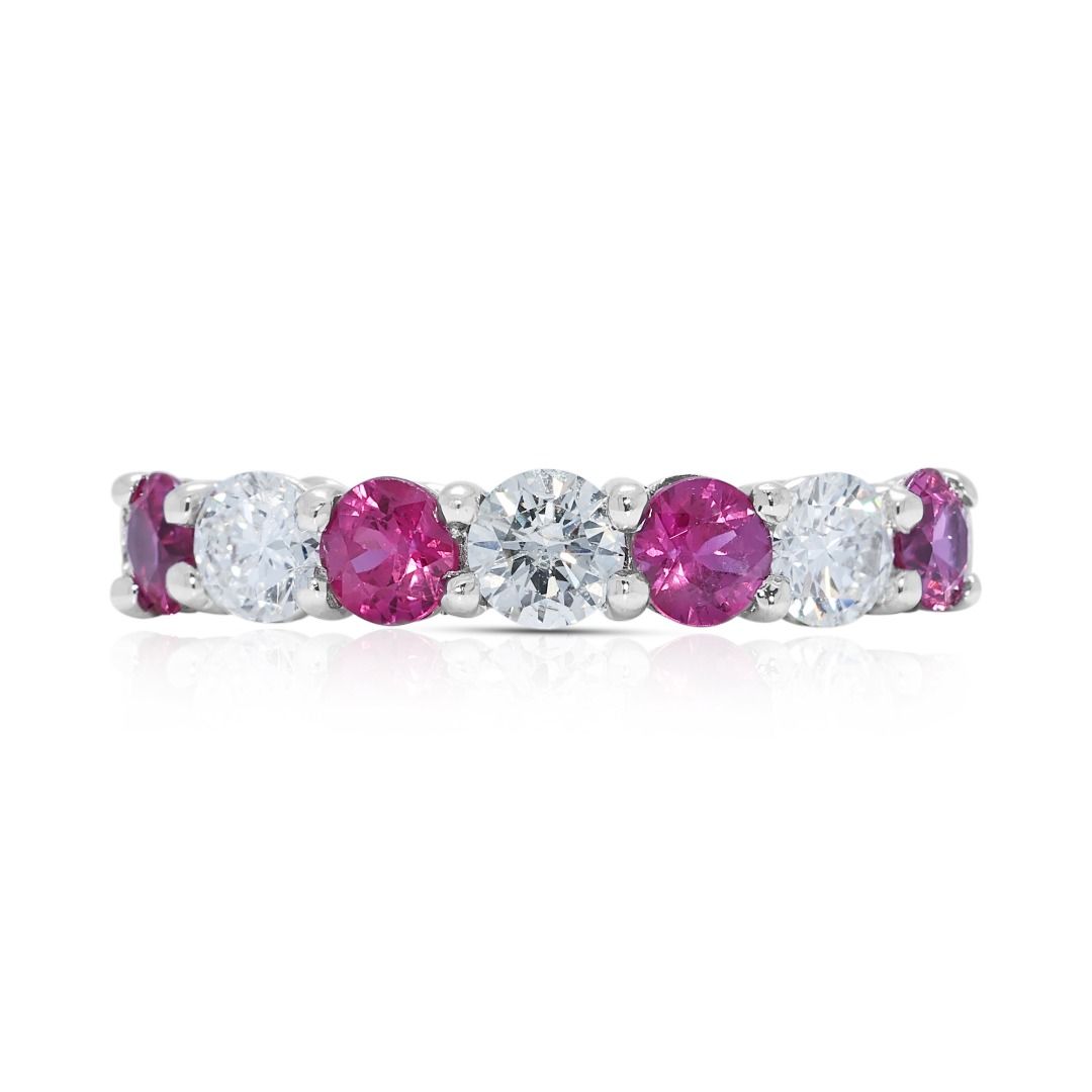 Radiant 0.93ct Ruby & Diamond Band in 18K White Gold