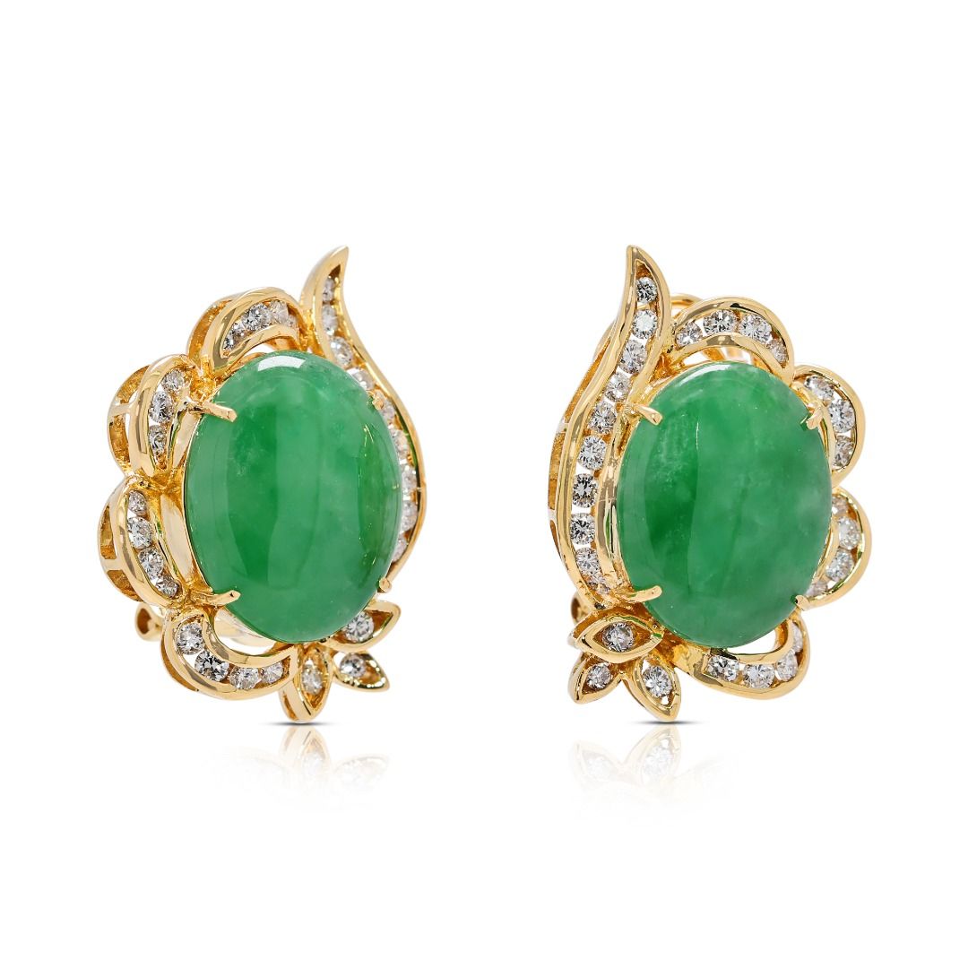 Radiant 1.12ct Green Jade and Diamond Earrings in 18k Yellow Gold