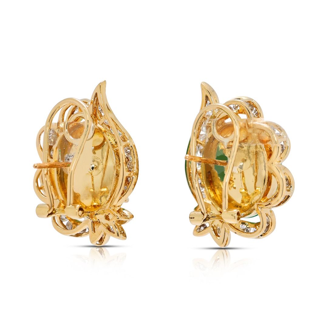 Radiant 1.12ct Green Jade and Diamond Earrings in 18k Yellow Gold