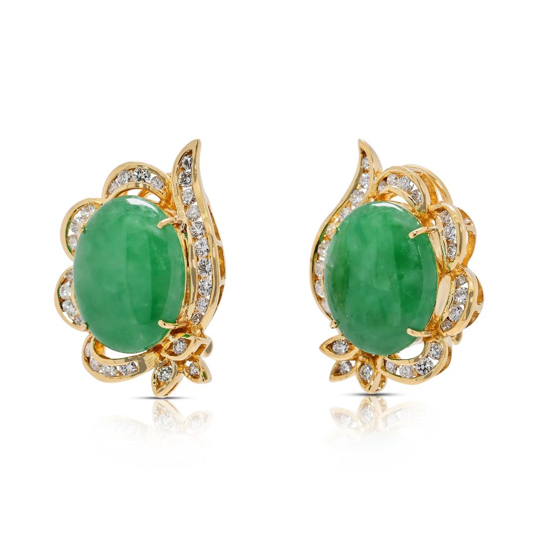 Radiant 1.12ct Green Jade and Diamond Earrings in 18k Yellow Gold