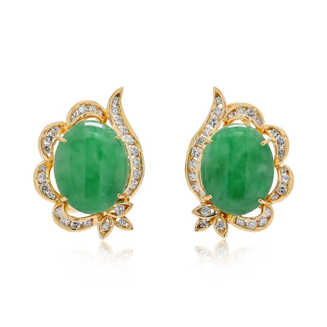 Radiant 1.12ct Green Jade and Diamond Earrings in 18k Yellow Gold