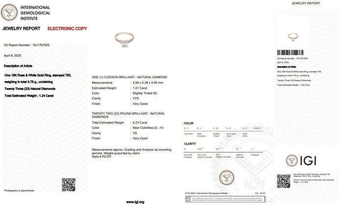 Radiant 1.24ct Diamonds Pave Ring in 18k Rose & White Gold - IGI Certified