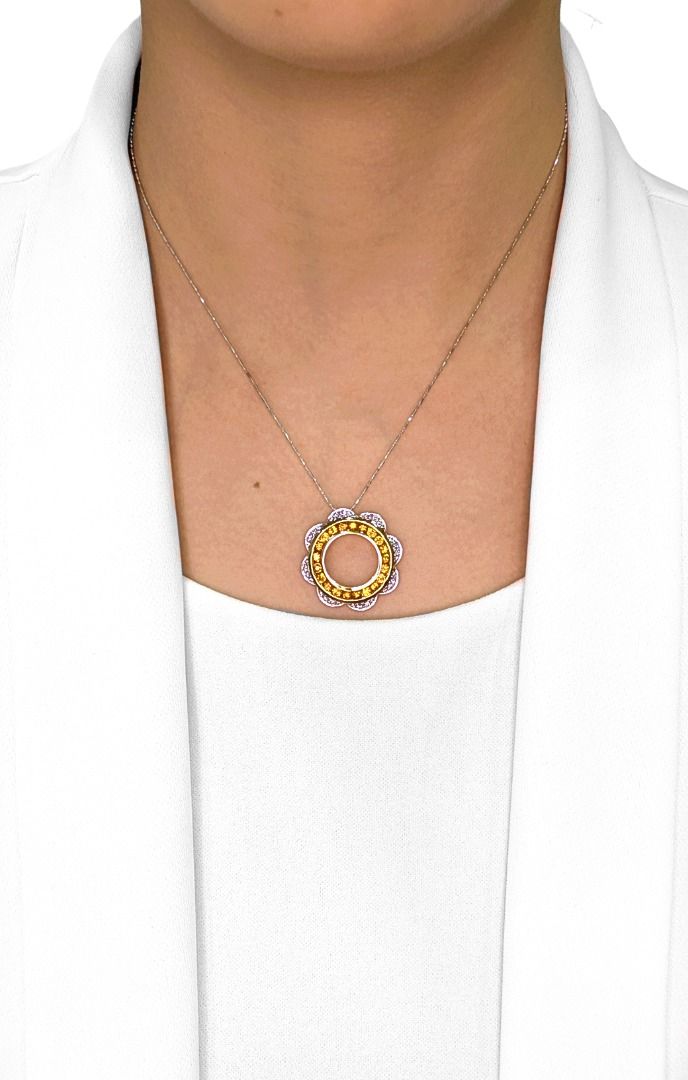 Radiant 1.29ct Yellow Sapphire and Diamond Floral Motif 18k Two-Tone Pendant