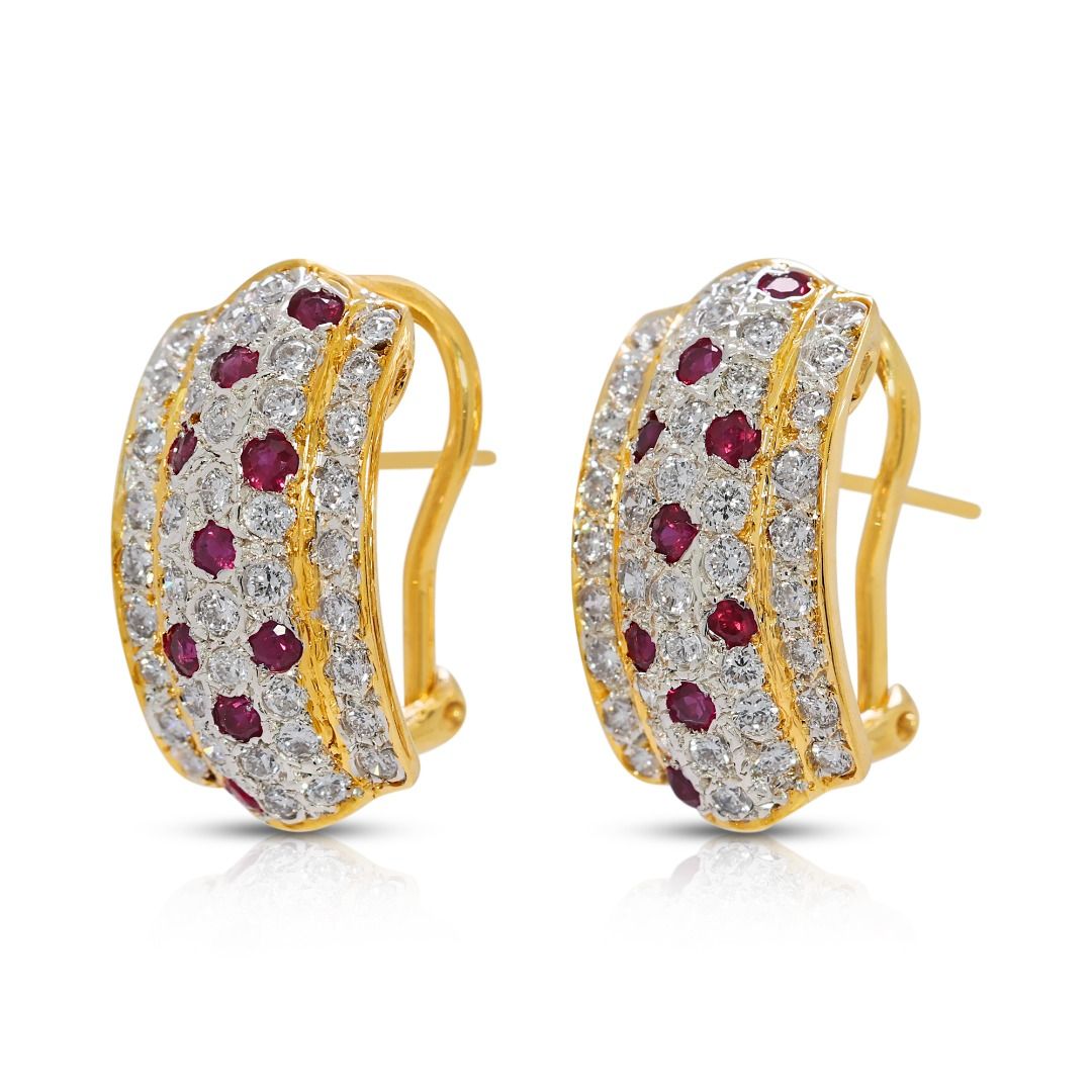 Radiant 1.38ct Ruby and Natural Diamond 18k Yellow Gold Huggie Earrings