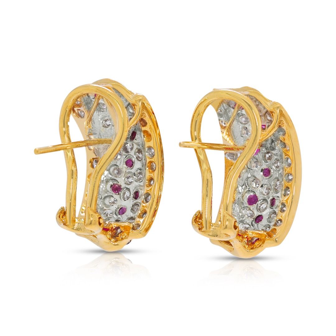 Radiant 1.38ct Ruby and Natural Diamond 18k Yellow Gold Huggie Earrings