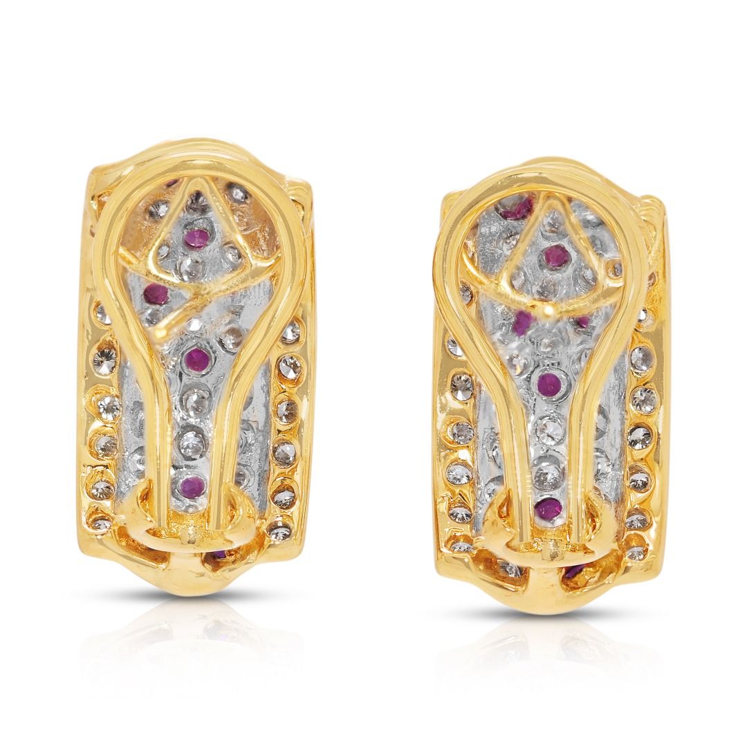 Radiant 1.38ct Ruby and Natural Diamond 18k Yellow Gold Huggie Earrings