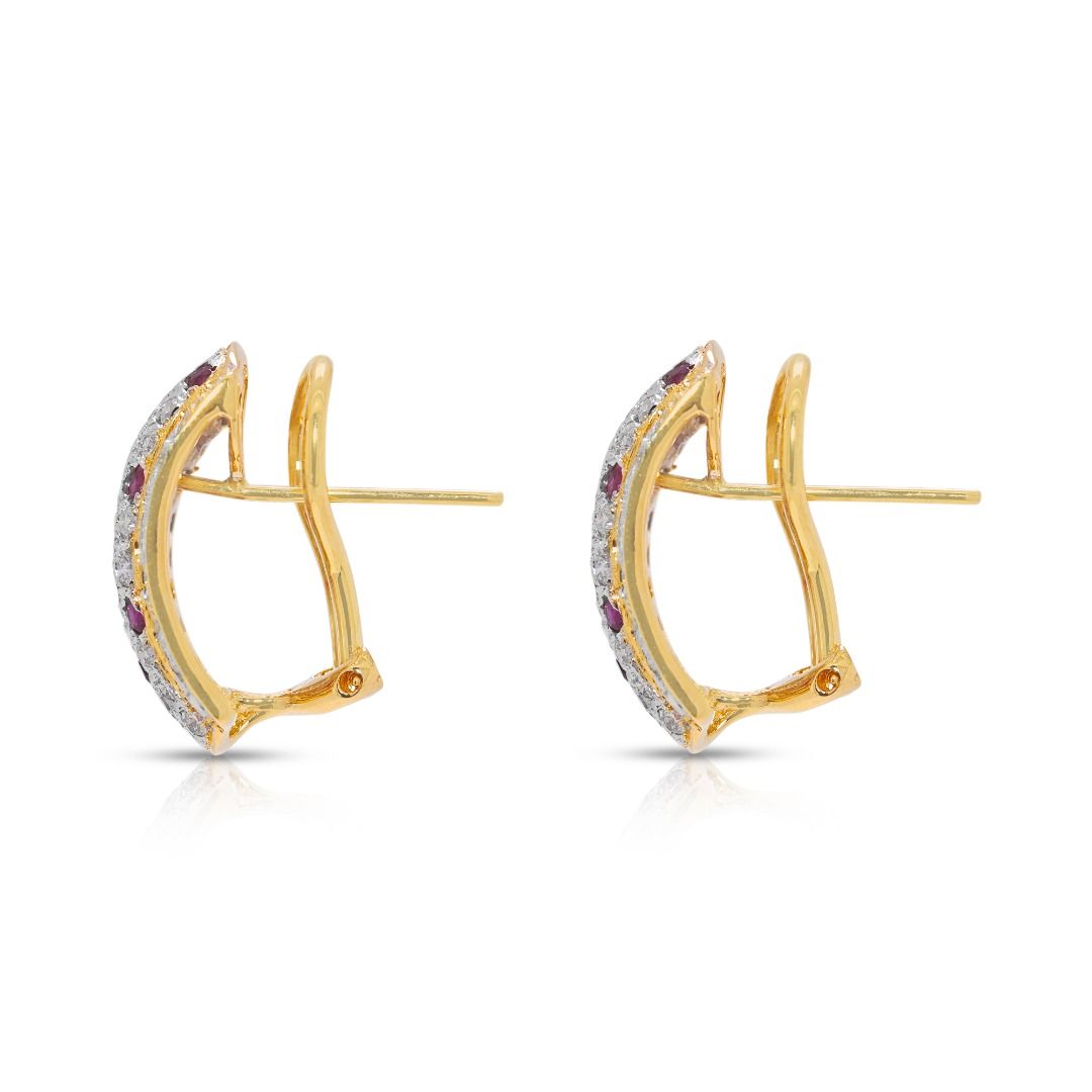 Radiant 1.38ct Ruby and Natural Diamond 18k Yellow Gold Huggie Earrings