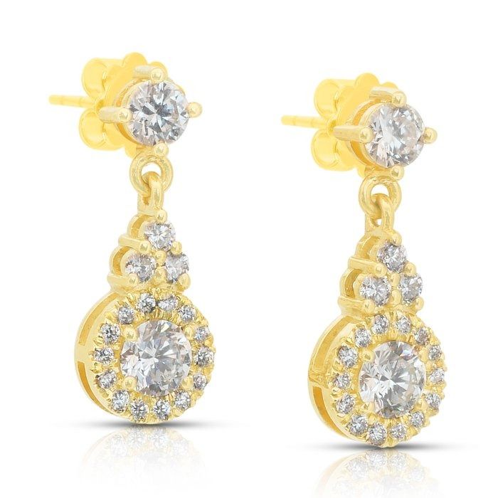 Radiant 1.46ct Diamonds Drop Earrings in 18k Yellow Gold - IGI Certified