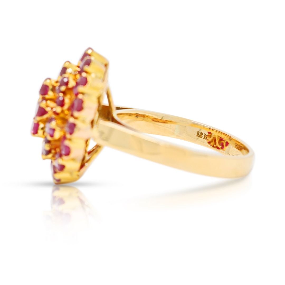 Radiant 1.80ct Pinkish Red Ruby Floral Cluster Ring in 18K Yellow Gold