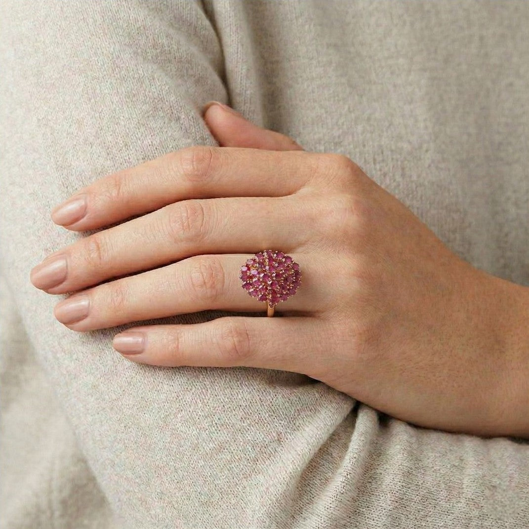 Radiant 1.80ct Pinkish Red Ruby Floral Cluster Ring in 18K Yellow Gold