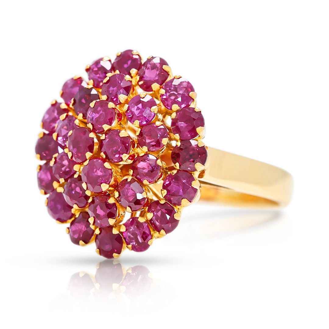 Radiant 1.80ct Pinkish Red Ruby Floral Cluster Ring in 18K Yellow Gold
