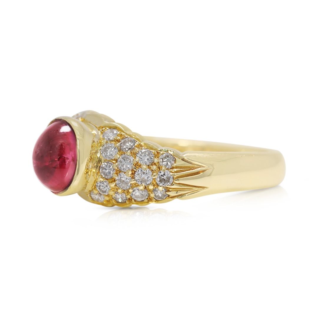 Radiant 1ct Red Tourmaline & Natural Diamond Pave Ring in 18K Yellow Gold