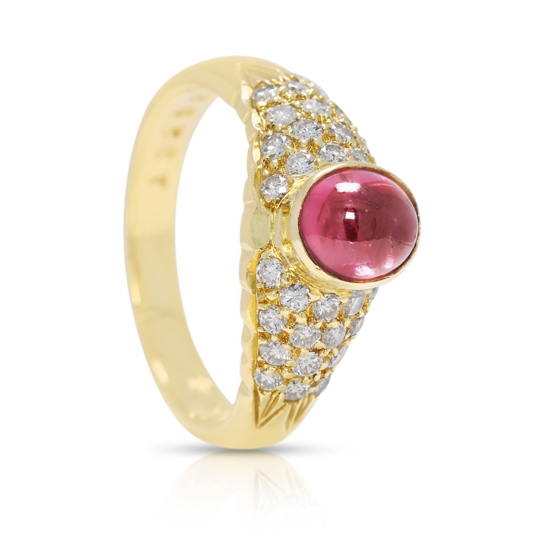 Radiant 1ct Red Tourmaline & Natural Diamond Pave Ring in 18K Yellow Gold