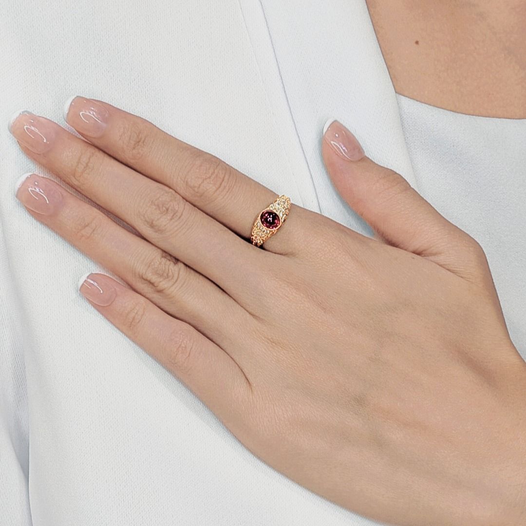 Radiant 1ct Red Tourmaline & Natural Diamond Pave Ring in 18K Yellow Gold