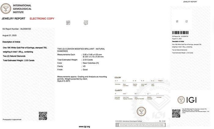 Radiant 2.03ct Diamonds Stud Earrings in 18k White Gold - IGI Certified