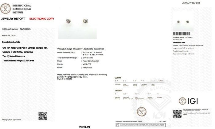 Radiant 2.05ct Diamonds Stud Earrings in 18k Yellow Gold - IGI Certified