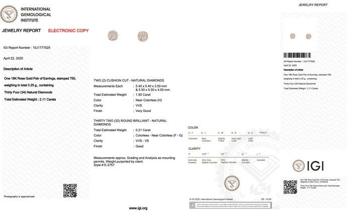 Radiant 2.11ct Diamonds Stud Earrings in 18k Rose Gold - IGI Certified