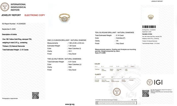 Radiant 2.15ct Diamonds 3-Stone Ring in 18k Yellow Gold - IGI Certified